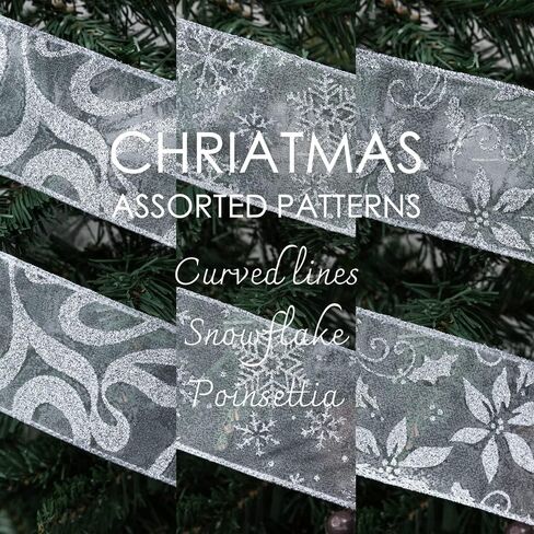 Vitalizart عيد الميلاد الشريط الشظية السلكية الأورجانزا الشريط الشفاف 2.5 بوصة × 10 ياردة بريق ندفة الثلج لتزيين شجرة هدية تغليف الحرف إكليل توبر القوس دعوات الزفاف باقات الزفاف in Kuwait