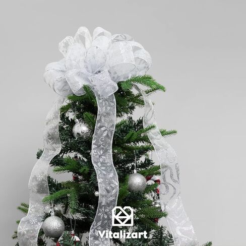 Vitalizart عيد الميلاد الشريط الشظية السلكية الأورجانزا الشريط الشفاف 2.5 بوصة × 10 ياردة بريق ندفة الثلج لتزيين شجرة هدية تغليف الحرف إكليل توبر القوس دعوات الزفاف باقات الزفاف in Kuwait