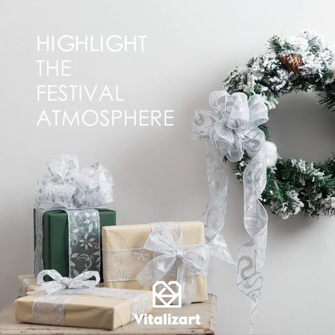 Vitalizart عيد الميلاد الشريط الشظية السلكية الأورجانزا الشريط الشفاف 2.5 بوصة × 10 ياردة بريق ندفة الثلج لتزيين شجرة هدية تغليف الحرف إكليل توبر القوس دعوات الزفاف باقات الزفاف in Kuwait