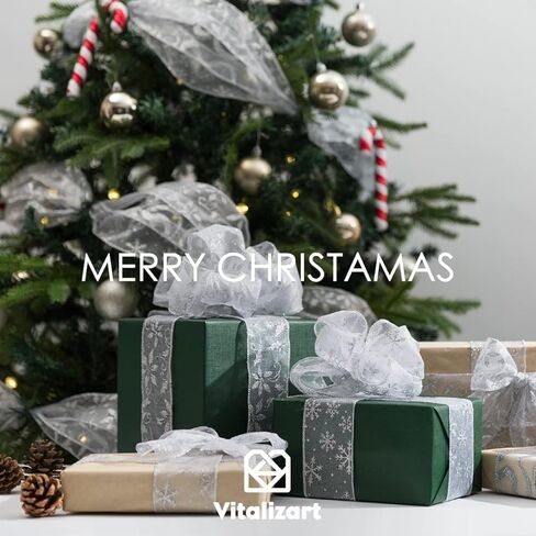 Vitalizart عيد الميلاد الشريط الشظية السلكية الأورجانزا الشريط الشفاف 2.5 بوصة × 10 ياردة بريق ندفة الثلج لتزيين شجرة هدية تغليف الحرف إكليل توبر القوس دعوات الزفاف باقات الزفاف in Kuwait