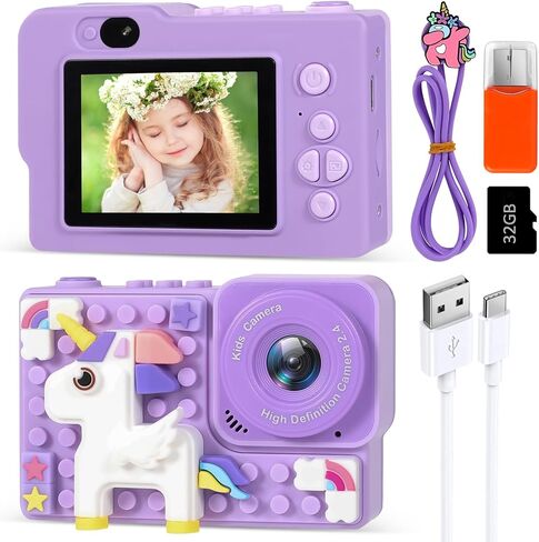 هدايا ألعاب الكاميرا للأطفال للفتيات من عمر 3-8 سنوات، هدايا كاميرا عيد الميلاد ومهرجان عيد الميلاد للفتيات والفتيان والأطفال، كاميرا فيديو رقمية للأطفال مع غطاء سيليكون ناعم، تتضمن بطاقة SD 32 جيجا in Kuwait