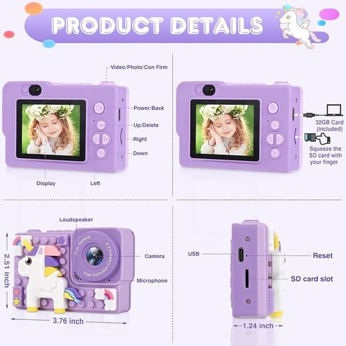 هدايا ألعاب الكاميرا للأطفال للفتيات من عمر 3-8 سنوات، هدايا كاميرا عيد الميلاد ومهرجان عيد الميلاد للفتيات والفتيان والأطفال، كاميرا فيديو رقمية للأطفال مع غطاء سيليكون ناعم، تتضمن بطاقة SD 32 جيجا in Kuwait