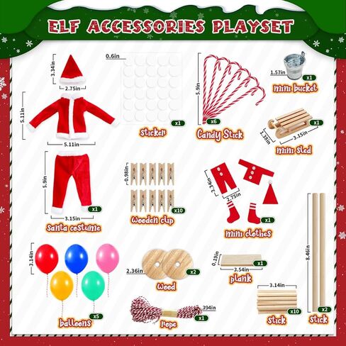 ملابس وإكسسوارات BEIREG Elf - مجموعة إكسسوارات ملابس قزم عيد الميلاد 40 قطعة تتضمن ملابس Elf Santa ووجبات خفيفة ومشروبات صغيرة وعربة تسوق صغيرة هدية عيد الميلاد DIY للأطفال in Saudi Arabia