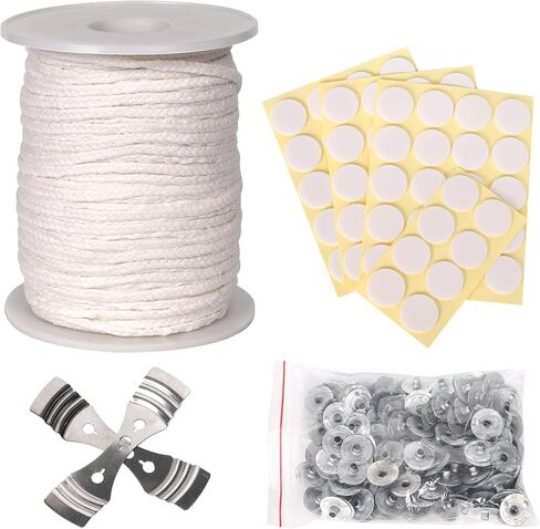 مجموعة فتيل الشموع، 100% قطن 27 بكرة فتيل 70 قطعة من ملصقات خيط الشموع، قطعتين حامل فتيل معدني للشموع، 110 قطع من علامات معدنية لصناعة الشموع والشموع DIY in Kuwait