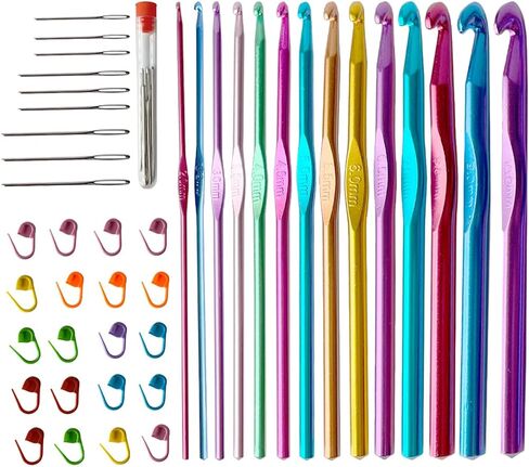 14 pcs Aluminum Crochet Hooks 2-10mm, with Stitch Markers and Large-Eye Blunt Needles in Kuwait