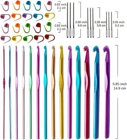 14 pcs Aluminum Crochet Hooks 2-10mm, with Stitch Markers and Large-Eye Blunt Needles in Kuwait