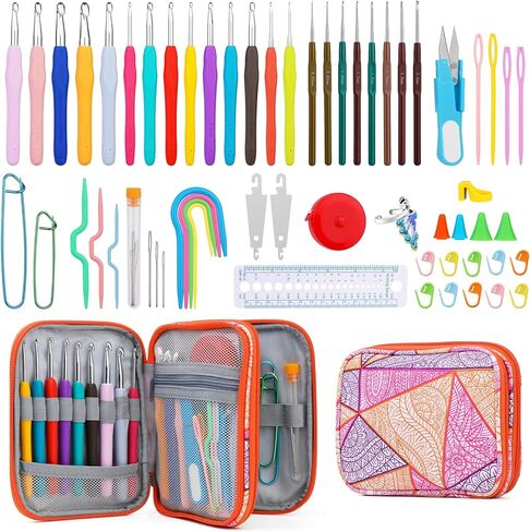 مجموعة خطافات كروشيه 75 قطعة من FTEVEN، خطافات كروشيه مع مقبض مريح ناعم، ملحقات كروشيه كاملة في حقيبة تخزين مناسبة للمبتدئين وعشاق الكروشيه in Kuwait