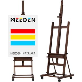 MEEDEN Extra Large Studio H Frame Easel 75" to 146"H, Hold Canvas up to 93", Heavy Duty Adjustable Art Painting Easel, Solid Beech Wood Artist Easel Stand with Storage Tray & 4 Wheels, Deep Walnut