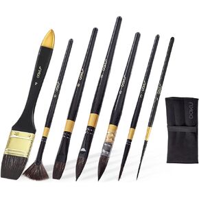 7PCS Paint Brush Set, OOKU Synthetic Squirrel Hair Watercolor Brushes|Travel Watercolor Brushes Shape with Flat, Rigger, Pointed Oval, Round, Cat Tongue Paint Brushes for Gouache, OIL Acrylic Painting