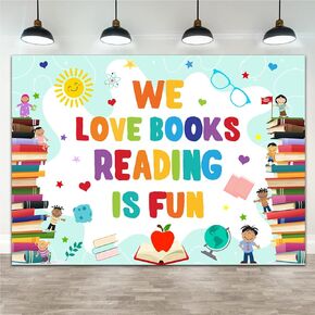 Lofaris World Book Day Backdrop We Love Books Reading is Fun Children Reading Photography Background Students Classroom Library Kids Elementary Decorations Photo Banner Booth Props 5x3ft in Kuwait