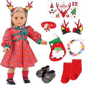 UNICORN ELEMENT 8 قطع مقاس 18 بوصة من ملابس الدمية الأمريكية لعيد الميلاد وإكسسواراتها - ملابس دمية عيد الميلاد وأحذية وجوارب عيد الميلاد وملصق دبوس الشعر وقلادة رأس in Kuwait