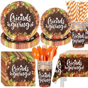 202Pcs Thanksgiving Disposable Tableware Set Orange Party Decorations Serve 24 Paper Plates Napkins Cups Maple Leaf Balloons Banners Plastic Tablecloths dinnerware for Fall Thanksgiving Party Supplies