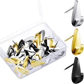 30 Pieces Pin Hooks Push Pin Hangers 20 lbs Teardrop Style Picture Hanging Nails for Home Office Wooden Fabric Wall (Black, Silver, Gold)