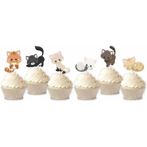 48 Pcs Cute Cat Kitten Cupcake Toppers Picks for Pet Themed Party, Birthday Party