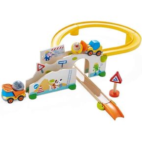 HABA Kullerbu at The Construction Site Play Track - 13 Piece Starter Set with 2 Vehicles and Fascinating Ball Drop - Ages 2 and Up