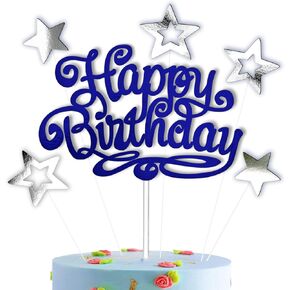 2001VK Blue Happy Birthday Cake Topper with 5 Silver-Gold Double Sided Stars Stars on Thin Wires for Party Decorations Set Handmade in Saudi Arabia