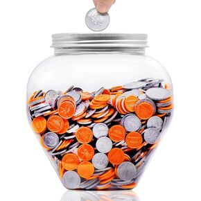 Large Coin Bank Jar, 5/8 Gallon Big Clear Plastic Coin Money Tip Change Saving Piggy Jar with Silver Slotted Lid, Large Plastic Coins Piggy Money Change Clear Bank for Adults Teens Kids
