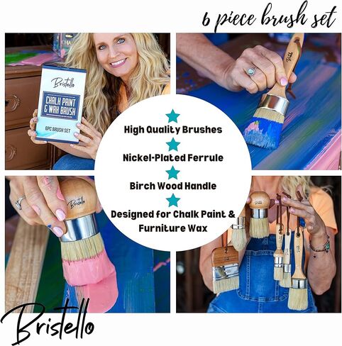 Bristello 6pc Big and Small Chalk and Wax Paint Brush Set. Flat Furniture Paint Brush, Round, Pointed and Oval Paint Brushes for Furniture. Stencil Brush, Milk Paint and Wax Paintbrush in Kuwait