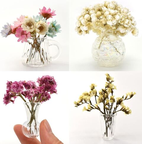 iLAND Miniature Dollhouse Accessories for Dollhouse Furniture Antique, Glass Vases w/ Dried Flowers Set (Elegant 4pcs) in Kuwait