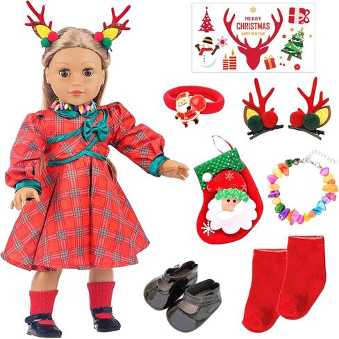 UNICORN ELEMENT 8 قطع مقاس 18 بوصة من ملابس الدمية الأمريكية لعيد الميلاد وإكسسواراتها - ملابس دمية عيد الميلاد وأحذية وجوارب عيد الميلاد وملصق دبوس الشعر وقلادة رأس in Kuwait