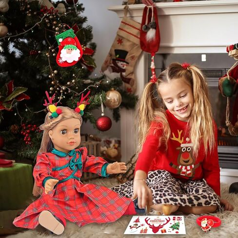 UNICORN ELEMENT 8 قطع مقاس 18 بوصة من ملابس الدمية الأمريكية لعيد الميلاد وإكسسواراتها - ملابس دمية عيد الميلاد وأحذية وجوارب عيد الميلاد وملصق دبوس الشعر وقلادة رأس in Kuwait