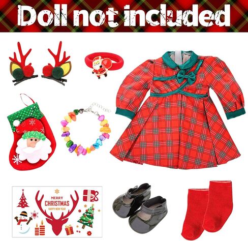 UNICORN ELEMENT 8 قطع مقاس 18 بوصة من ملابس الدمية الأمريكية لعيد الميلاد وإكسسواراتها - ملابس دمية عيد الميلاد وأحذية وجوارب عيد الميلاد وملصق دبوس الشعر وقلادة رأس in Kuwait
