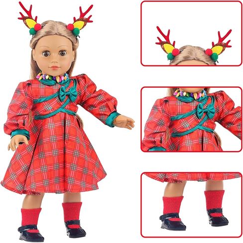 UNICORN ELEMENT 8 قطع مقاس 18 بوصة من ملابس الدمية الأمريكية لعيد الميلاد وإكسسواراتها - ملابس دمية عيد الميلاد وأحذية وجوارب عيد الميلاد وملصق دبوس الشعر وقلادة رأس in Kuwait