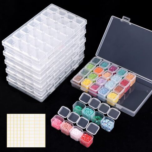 QUEFE 112 Slots Diamond Painting Storage Containers, 4pcs 28 Grids Clear Diamond Painting Accessories and Tools Boxes Bead Organizers Diamond Art Embroidery Storage with Label Stickers in Kuwait