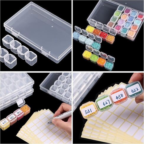 QUEFE 112 Slots Diamond Painting Storage Containers, 4pcs 28 Grids Clear Diamond Painting Accessories and Tools Boxes Bead Organizers Diamond Art Embroidery Storage with Label Stickers in Kuwait