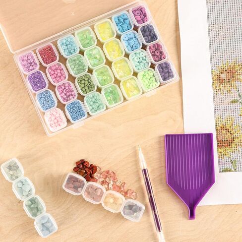 QUEFE 112 Slots Diamond Painting Storage Containers, 4pcs 28 Grids Clear Diamond Painting Accessories and Tools Boxes Bead Organizers Diamond Art Embroidery Storage with Label Stickers in Kuwait