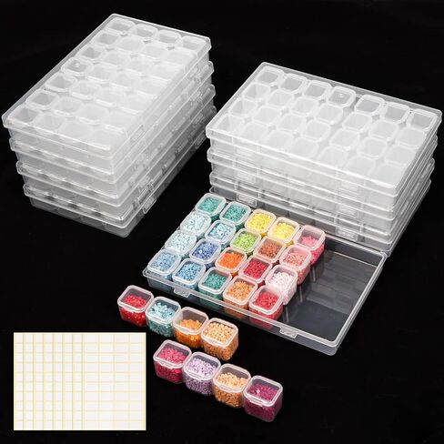 QUEFE 112 Slots Diamond Painting Storage Containers, 4pcs 28 Grids Clear Diamond Painting Accessories and Tools Boxes Bead Organizers Diamond Art Embroidery Storage with Label Stickers in Kuwait