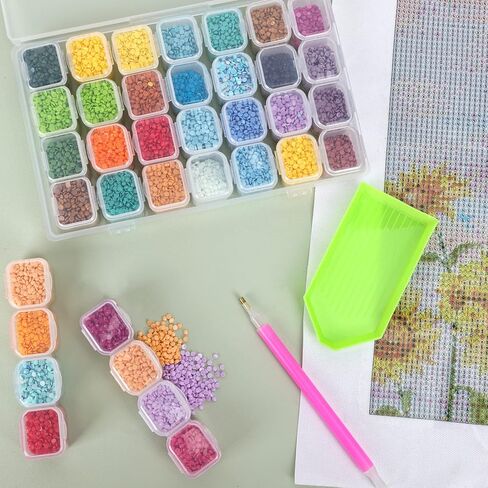 QUEFE 112 Slots Diamond Painting Storage Containers, 4pcs 28 Grids Clear Diamond Painting Accessories and Tools Boxes Bead Organizers Diamond Art Embroidery Storage with Label Stickers in Kuwait