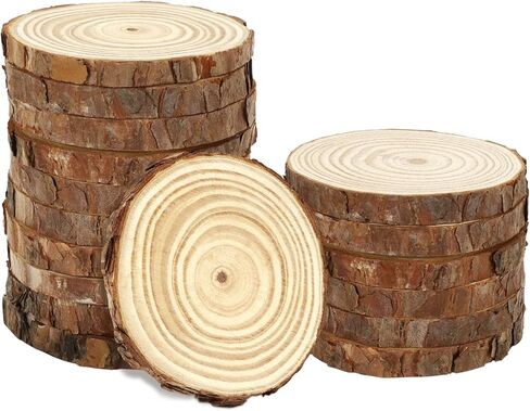 FSWCCK 16 قطعة من شرائح الخشب غير المكتملة، دائرة خشبية مستديرة 3.5-4 بوصة مع لحاء الشجر، قطع مركزية من الخشب الريفي لحفلات الزفاف وديكور طاولة وحرف الرسم اليدوية in Kuwait