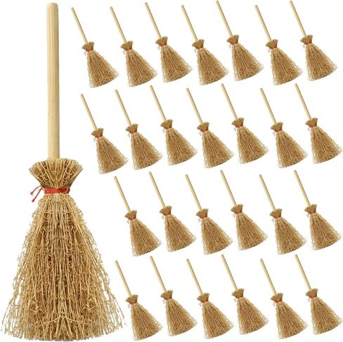 TIHOOD 30PCS Miniature Artificial Mini Straw Brooms with Red Ropes Halloween Straw Craft Decoration Witches Accessory for Costume Cosplay Party in Saudi Arabia