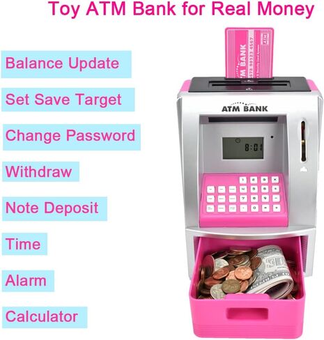 Litpggy Electronic ATM Piggy Bank للأطفال - التعرف على العملات المعدنية، تحديثات الرصيد التلقائي، آمن للأموال لتوفير النقود، وحماية كلمة المرور، هدية رائعة للأولاد والبنات (أسود/فضي) in Kuwait