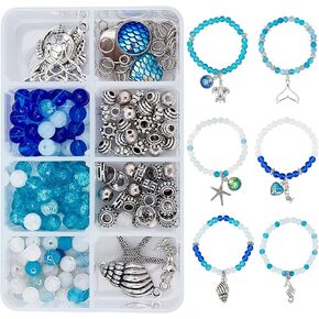 SUNNYCLUE 1 Box 270Pcs Bracelet Making Kit Ocean Theme Bracelet Set Colorful 6mm Glass Beads Turtles Mermaids Starfish Charms for Jewelry Marking Bracelets Necklace Earring DIY Craft Instruction