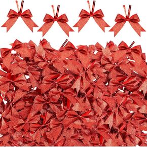100 Pieces 2 Inch Christmas Ribbon Bows Glitter Twist Tie Bows Pretied Mini Bows Shiny Christmas Bows DIY Polyester Craft Bows for Sewing Appliques Scrapbooking Wedding Gift (Red)