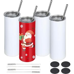 Towsnails 4 Pack Sublimation Tumblers Blank 20 oz Straight Skinny with Lids and Straws,Double Wall Insulated Tumbler Cups,Rubber Bottoms,Polymer Coating for Heat Transfer,White