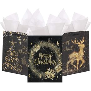 Neliblu Holiday Wine Gift Bags - Black and Gold Christmas Wine Bags - Elegant Gold and Black Christmas Gift Bags - Christmas Wine Bags - Set of 8 XMas Wine Gift Bags