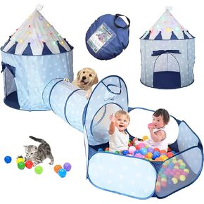 LimitlessFunN 4pc Kids Pop Up Play Tent, Crawl Tunnel, Ball Pit | Includes Star Lights & Carrying Case |, Children Indoor Castle Playhouse for Boys & Girls, Toddlers, 47" D x 126" W x 53" H