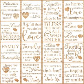 16 Pieces Inspirational Word Stencils Family Sign Stencils Reusable Stencils Love Home Template with Metal Open Ring for Painting on Wood, Porch, Front Door, Wall Decor (11.02 x 11.02 Inch)