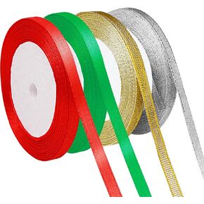 4 أشرطة أشرطة بطول 100 ياردة وعرض 10 مم لتغليف هدايا الحفلات وتزيينها، ذهبي، فضي، أحمر، أخضر in Kuwait