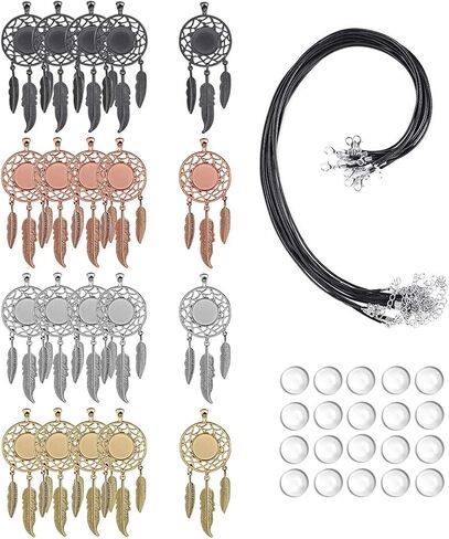 LANBEIDE 60Pieces Cabochons Jewelry Making Kits-20Pcs Dreamcatcher Bezel Pendant Trays with 20Pcs Glass Cabochons 14mm and 20Pcs Black Waxed Necklace Cords for Photo Pendant Jewelry Making in Kuwait