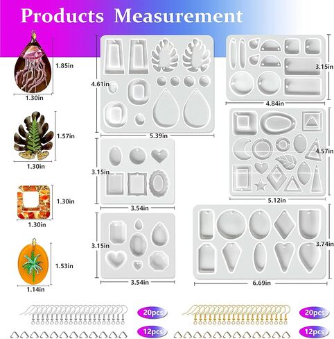 ZQYJJ 72 قطعة من قوالب صب مجوهرات الراتنج للقلادة، 3 قطع قالب حلق من الراتنج مع فتحة تعليق، مع سلك قلادة مشمع أسود، خطافات حلق، حلقات قفز، مجوهرات DIY in Kuwait