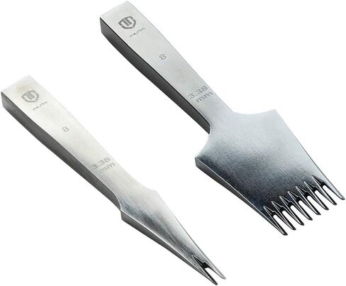 WUTA Sharp Pricking Iron French Style Leather Chisel All-Polished Die-Steel Chisel Punching Tool Kits for Leather Working Tools (Obverse 3.38 mm 2 Teeth+8 Teeth) in Kuwait