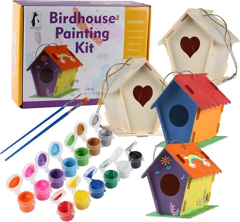 مجموعة بيت الطيور DIY للأطفال، مجموعة بناء يور أون بيرد هاوس للأطفال، تتضمن 4 بيوت كبيرة غير مكتملة للطلاء والبناء (17.54 سم × 11.67 سم × 6.6)، حبال، 12 طلاء، طلاء لامع، 2 فرشاتان in Kuwait