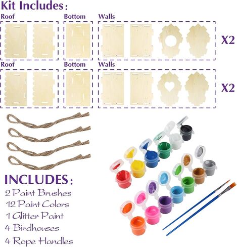 مجموعة بيت الطيور DIY للأطفال، مجموعة بناء يور أون بيرد هاوس للأطفال، تتضمن 4 بيوت كبيرة غير مكتملة للطلاء والبناء (17.54 سم × 11.67 سم × 6.6)، حبال، 12 طلاء، طلاء لامع، 2 فرشاتان in Kuwait