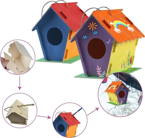 مجموعة بيت الطيور DIY للأطفال، مجموعة بناء يور أون بيرد هاوس للأطفال، تتضمن 4 بيوت كبيرة غير مكتملة للطلاء والبناء (17.54 سم × 11.67 سم × 6.6)، حبال، 12 طلاء، طلاء لامع، 2 فرشاتان in Kuwait