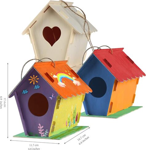 مجموعة بيت الطيور DIY للأطفال، مجموعة بناء يور أون بيرد هاوس للأطفال، تتضمن 4 بيوت كبيرة غير مكتملة للطلاء والبناء (17.54 سم × 11.67 سم × 6.6)، حبال، 12 طلاء، طلاء لامع، 2 فرشاتان in Kuwait