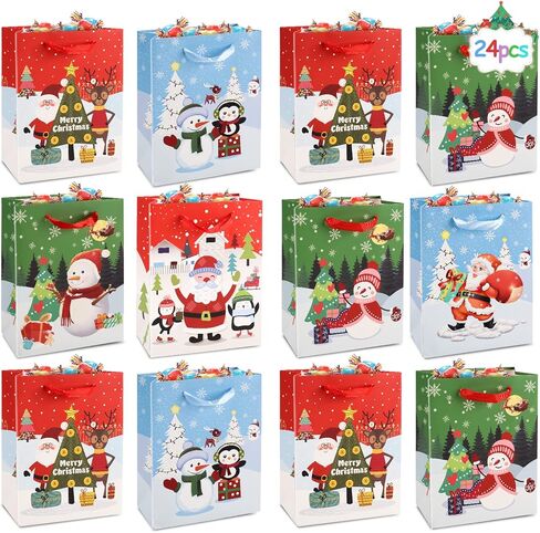 HOLYFUN 24 Pack 9" Christmas Gift Bags with Handles for Kids, Paper Xmas Bags for Christmas, Birthday and Holiday Party in Kuwait